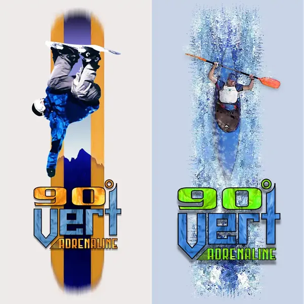 90 Vert Adrenaline designs with a snowboarder and a kayaker