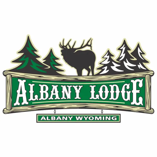 Albany Lodge, Albany Wyoming logo with an elk and pines