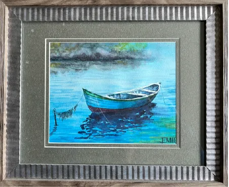 Framed painting of a blue boat on still water