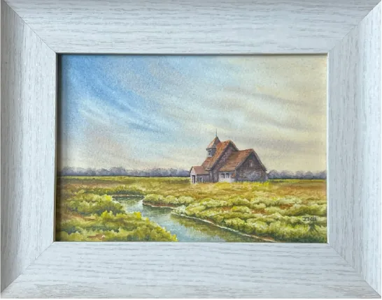 Framed painting of a barn beside a marsh