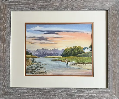 Framed painting of a river at sunset with mountains
