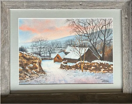 Framed painting of a snowy farm lane
