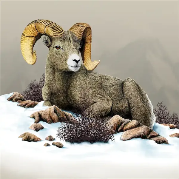 Illustration of a bighorn ram resting in snow