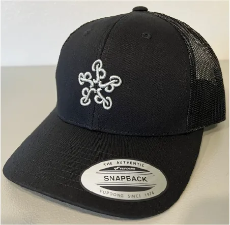 Black mesh-back cap with a white embroidered knot logo