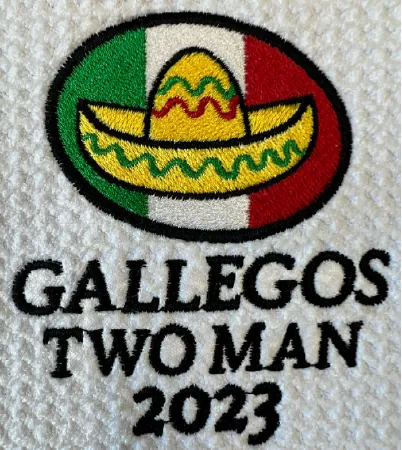 Embroidered Gallegos Two Man 2023 logo with a sombrero in red, green and yellow thread