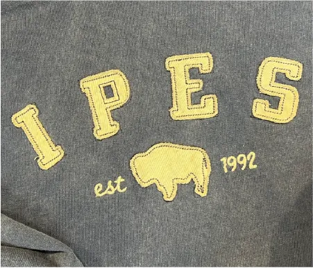 IPES lettering and a bison with est. 1992, stitched in gold on gray