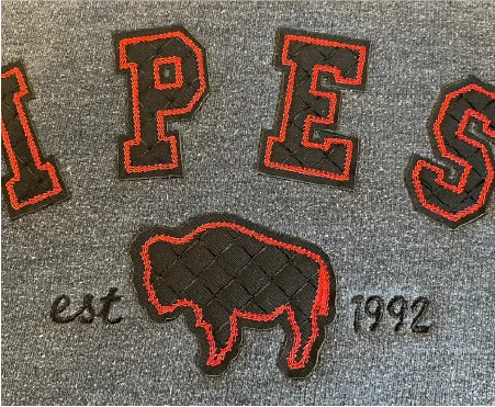 IPES lettering and a bison, stitched appliqué in red and black on gray