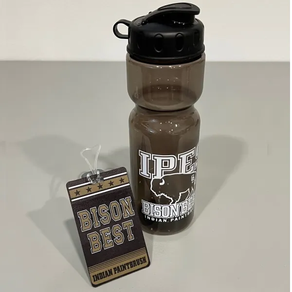 Smoke gray water bottle printed with IPES Bison Best, with a matching tag