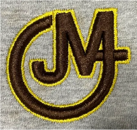 Brown and gold JM4 monogram embroidered on gray fabric